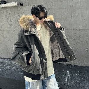 709-MY1830-P195 冬季新款 单人 美式休闲可拆卸毛领连帽棉服图片