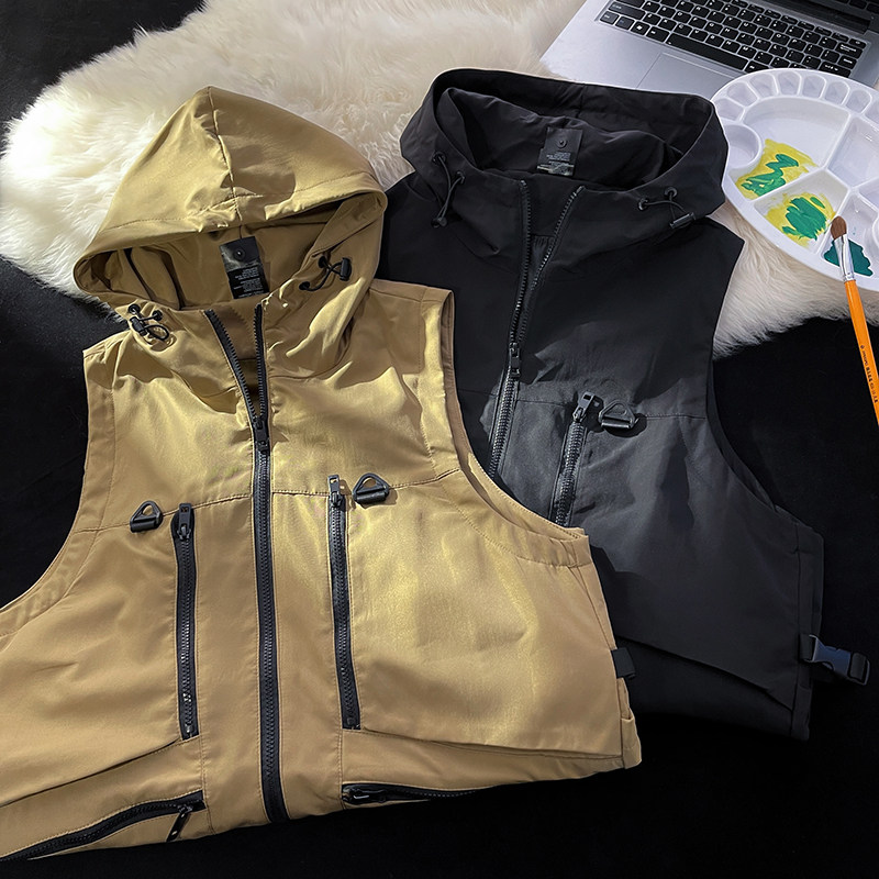 709-MJ60-P65春秋多拉链机能纯色宽松设计感连帽马甲平铺，男装背心/马甲，星座709