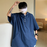 709-C902-P65单人夏季纯色棉牛仔连帽宽松大码衬衫T恤日系，男装T恤，星座709