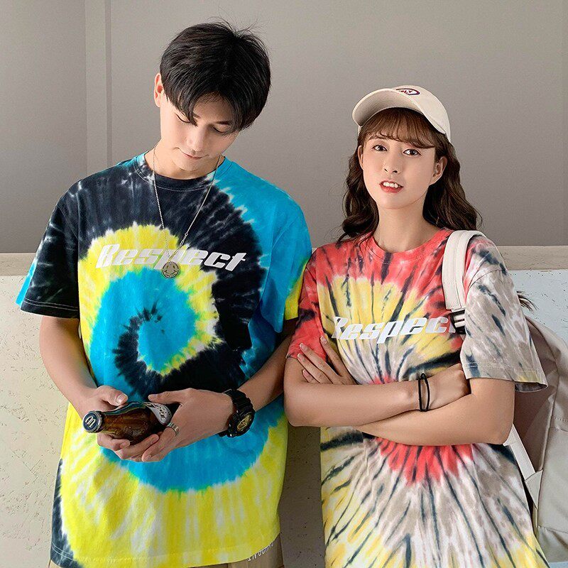 709-T305-P40情侣夏季扎染宽松短袖潮学生百搭纯棉T恤五分袖，男装T恤，星座709