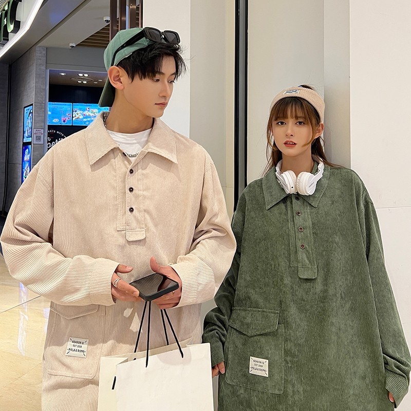709-C816-P65春秋情侣港风翻领灯芯绒套头休闲百搭衬衣男，男装衬衫，星座709