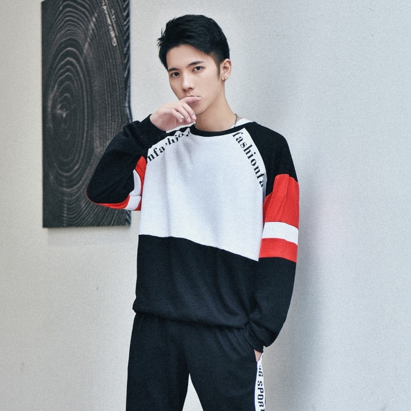 21 spring Hong Kong style casual round neck sweater splicing set