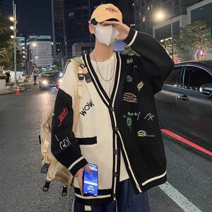 709-MY29-P100单人港风简约复古V领开衫拼色绣花百搭毛衣男