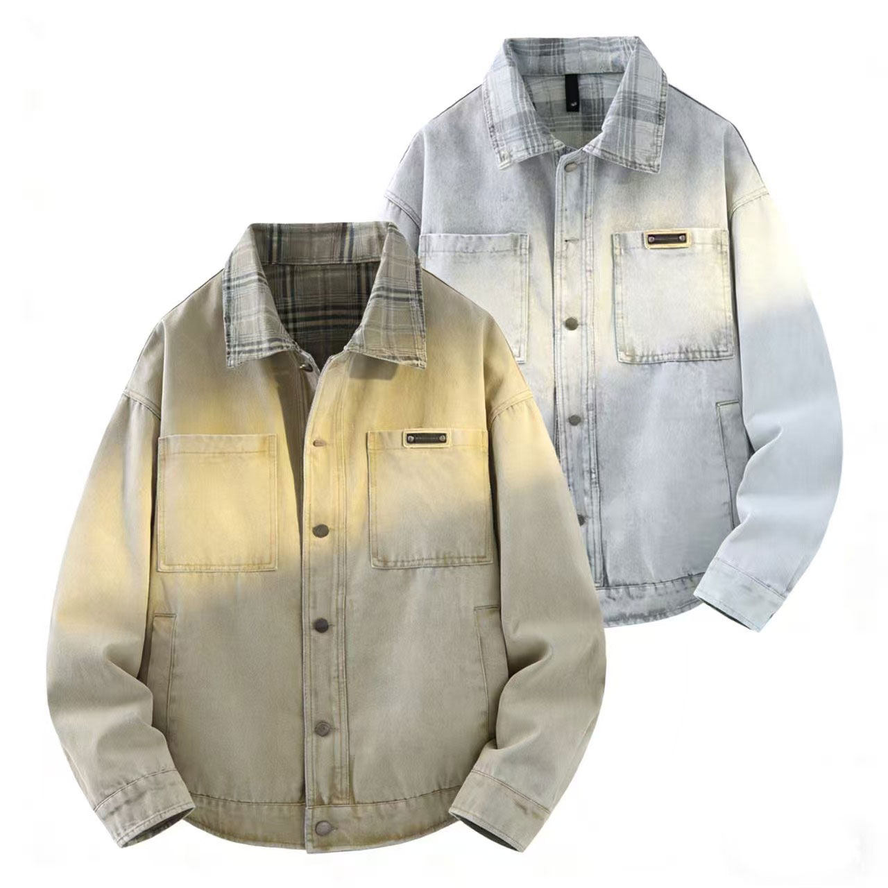 709-JK56-P115春季上新白底极简风美式百搭休闲格子领牛仔外套，男装工装外套，星座709