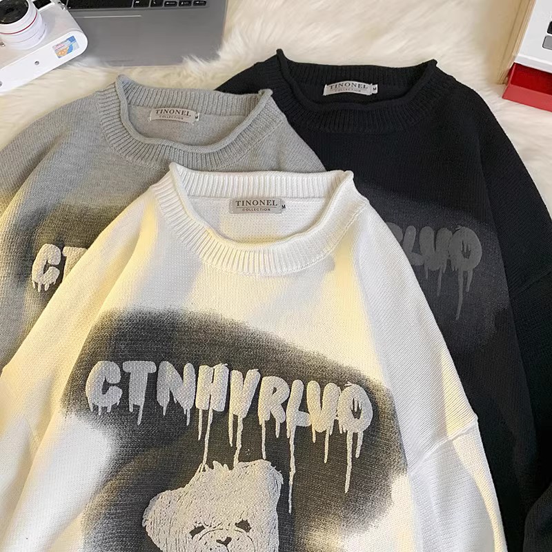 709-MY39-P90春秋休闲毛衣全棉套头小熊温变印花休闲百搭平铺，男装针织衫/毛衣，星座709
