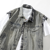 709-MJ100-P110白底春季新款不对称潮牌假两件牛仔马甲，男装背心/马甲，星座709