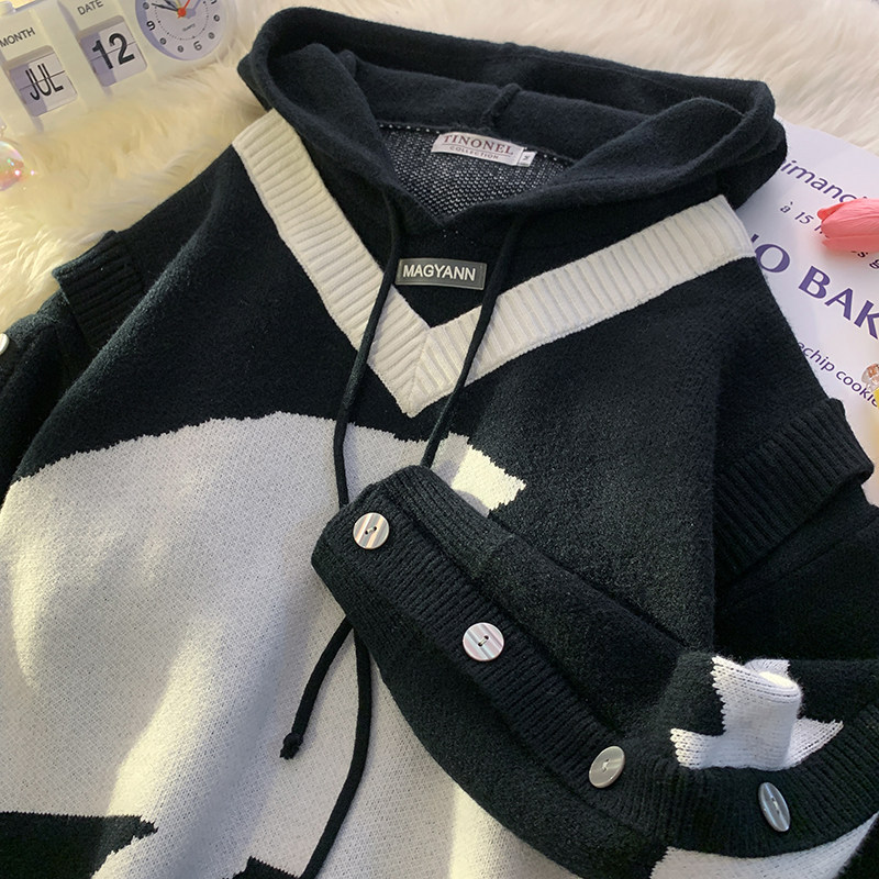 709-MY63-P110春秋连帽休闲假两件扣子袖设计针织毛衣男平铺图,男装针织衫/毛衣,星座709