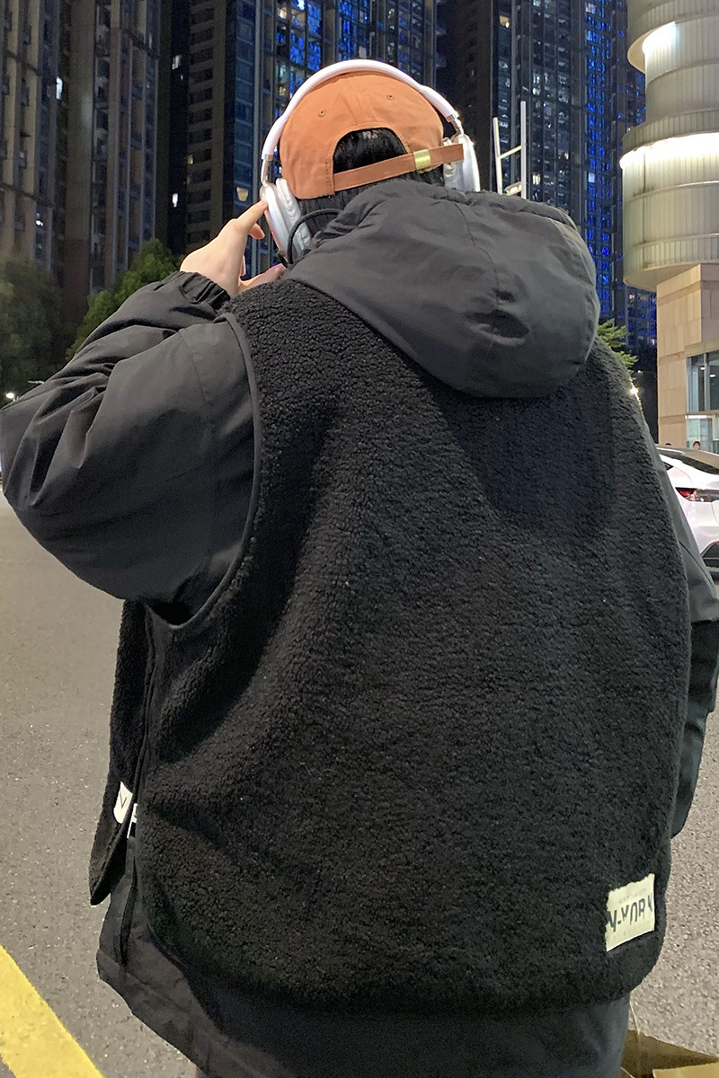 709-MY1500-P175情侣冬季单人假两件羊羔毛拼接工装连帽棉衣外套,男装棉衣,星座709