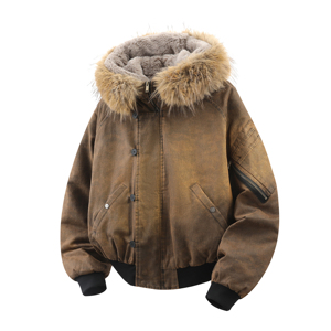 709-MY1830-P195 冬季新款 白底 美式休闲可拆卸毛领连帽棉服图片