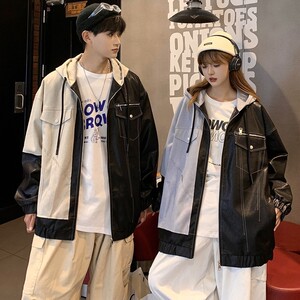 709-JK817-P125 春秋连帽拉链皮衣呢子拼接百搭休闲夹克情侣图片