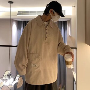 709-C816-P65 春秋单人港风翻领灯芯绒套头休闲百搭衬衣男图片