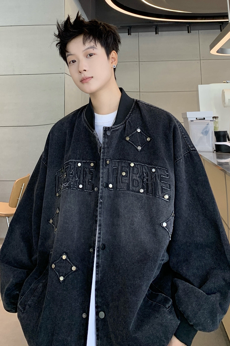 709-JK925-P130春秋情侣全棉复古水洗牛仔夹克棒球服外套宽松男,男装工装外套,星座709