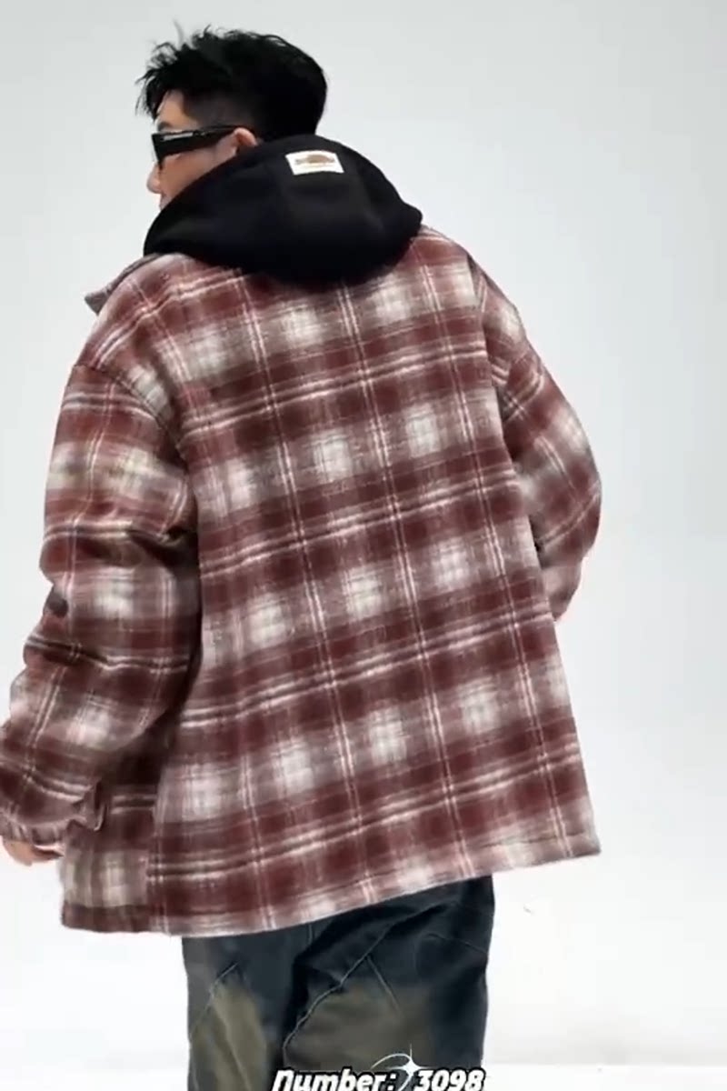 709-MY1650-P145冬季情侣潮牌连帽假两件格子外套加厚棉衣男,男装棉衣,星座709