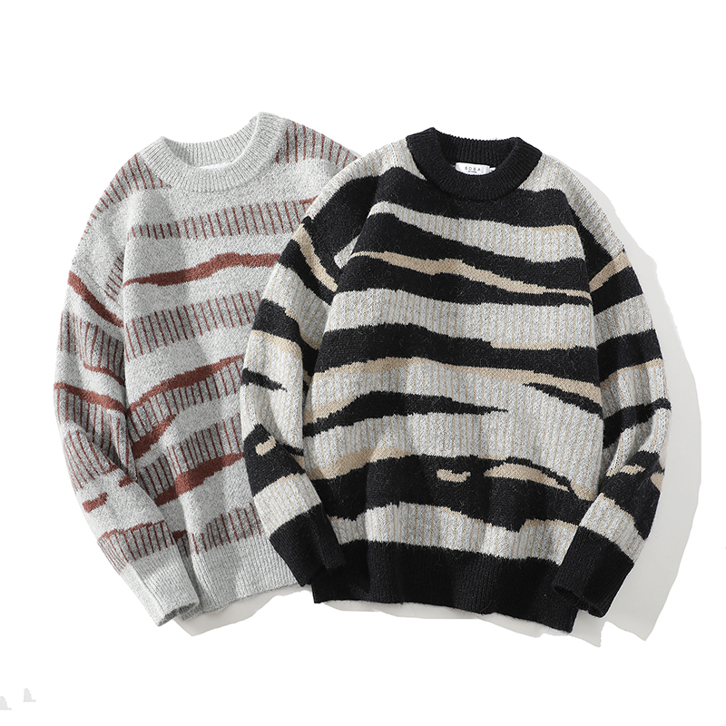 709-MY103-P00秋冬潮牌美式街头不规则条纹圆领毛衣慵懒风针织衫，男装针织衫/毛衣，星座709