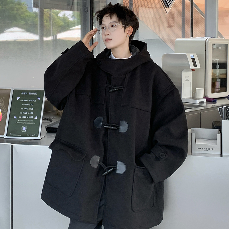 709-JK927-P150情侣休闲宽松牛角扣加厚连帽日系复古毛呢外套男，男装毛呢大衣，星座709