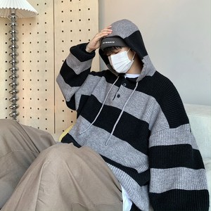709-MY38-P100 春秋休闲连帽毛衣拼色条纹慵懒风百搭外套男 单人图片