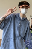 709-C902-P65单人夏季纯色棉牛仔连帽宽松大码衬衫T恤日系，男装T恤，星座709