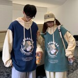 709-W017-P55港风假两件小熊印花宽松大码连帽百搭卫衣情侣，男装卫衣，星座709