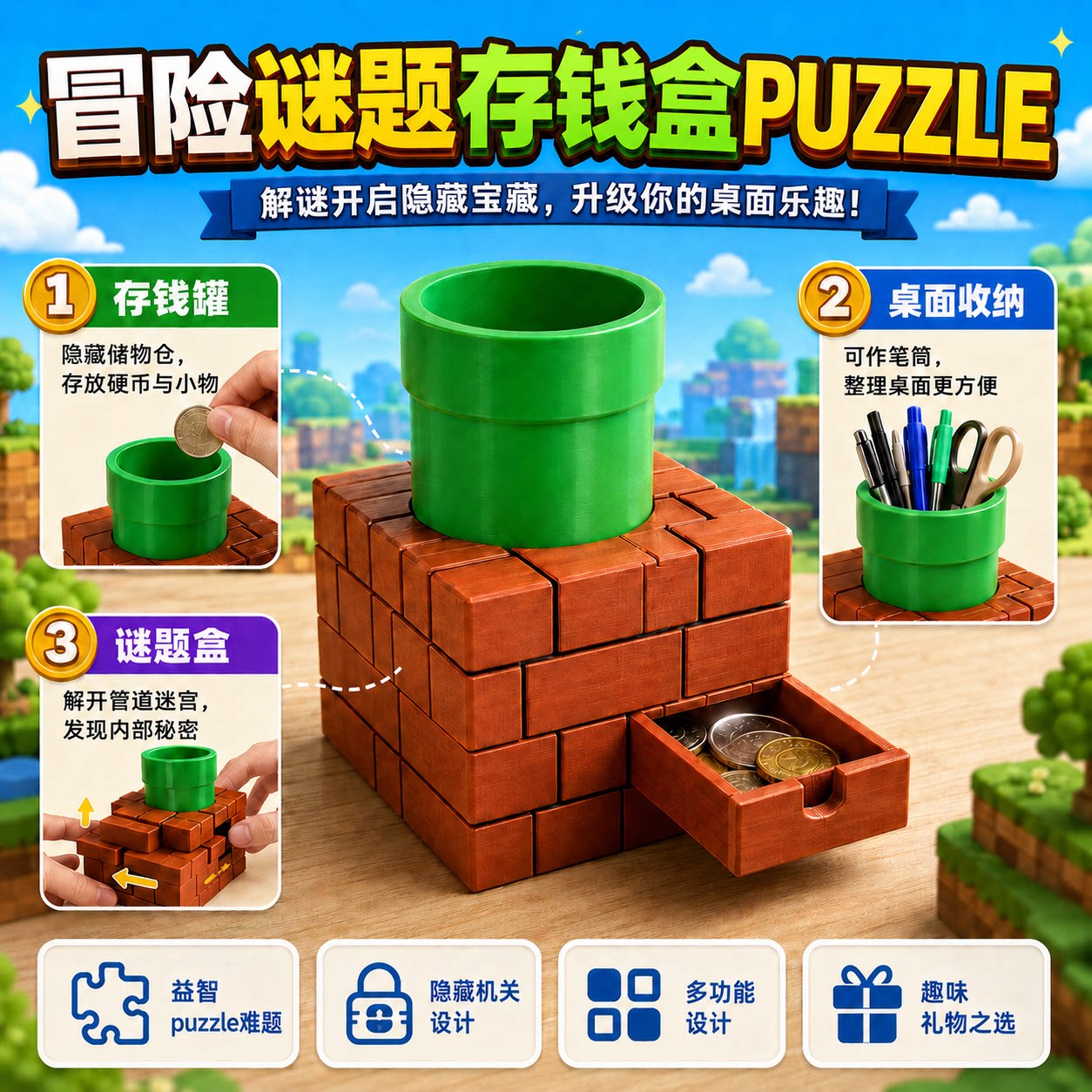 冒险谜题存钱盒PUZZLE 益智玩具桌面多功能收纳存钱罐 解谜闯关