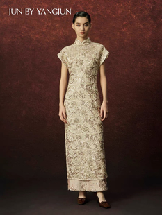 【官方授权】JUNYANG 浮云流光玫瑰立领修身旗袍女亮片连衣裙