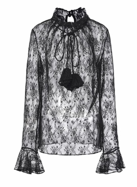 JUNYANG杨君 墨纱栖影蕾丝褶皱上衣