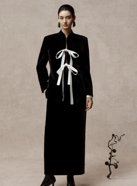 【JOJO官方授权】LAMAISONJADE玉琼黑色真丝丝绒中式对襟收腰外套