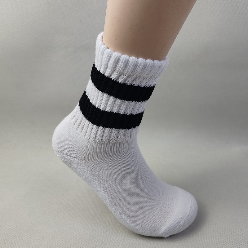 女士纯棉白色二道杠中筒袜子女户外跑步运动袜加厚毛巾底吸汗袜子