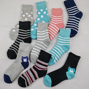 冬季女袜加厚全毛圈内拉毛保暖袜条纹卡通可爱中筒晴纶日单毛巾袜