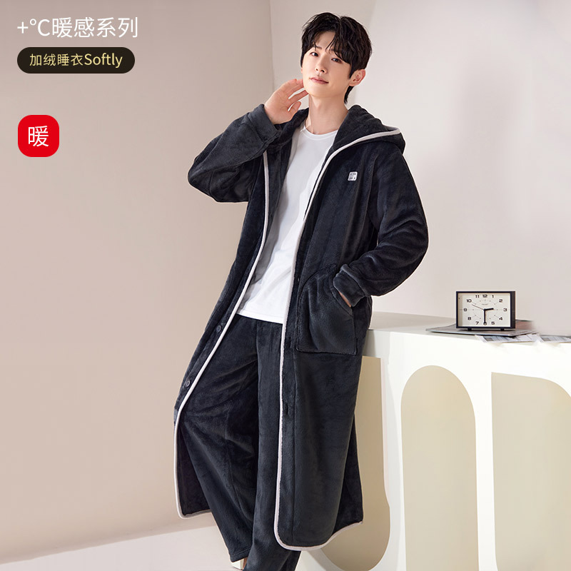 纽扣连帽睡袍秋冬加绒加厚法兰绒男长款浴袍加睡裤套装睡衣家居服