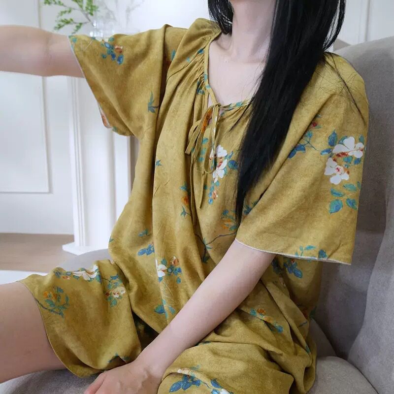 100%凉感棉绸女夏季宽松睡衣小碎花短袖短裤套装可外穿休闲家居服