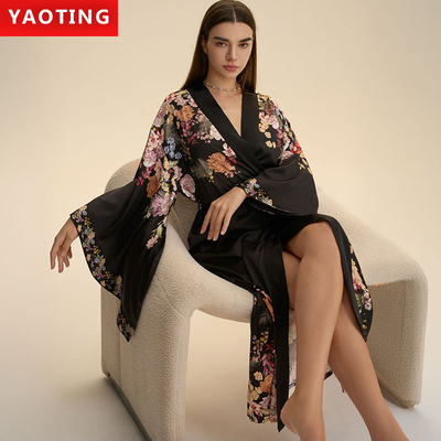 高个子女生欧美缎面仿真丝黑色大花超长睡袍长袖冰丝浴袍晨袍睡衣