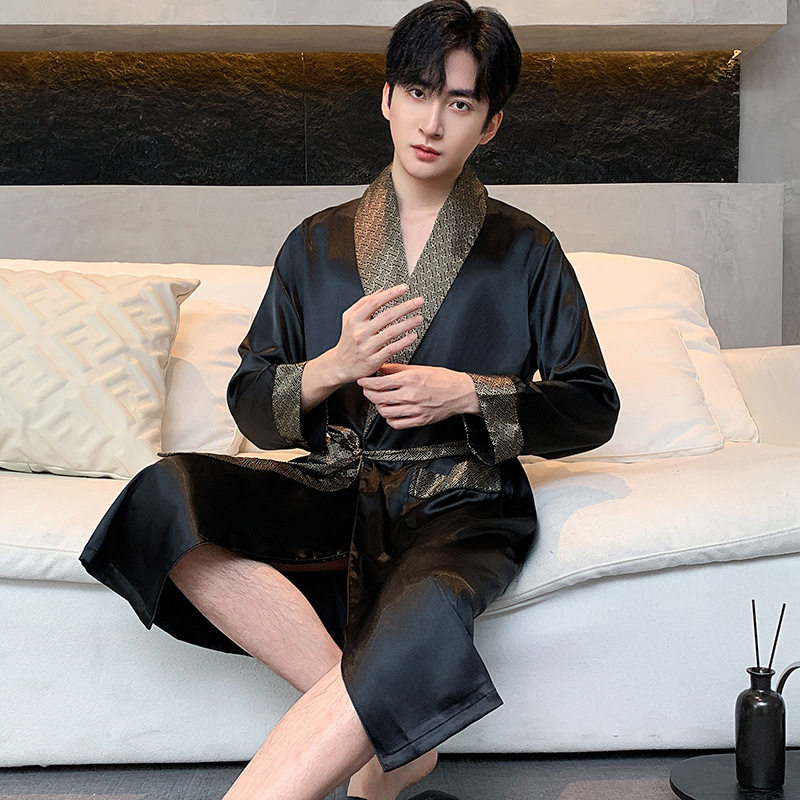 男士高档商务休闲仿真丝冰丝长袖睡袍过膝浴袍中长款金边黑色睡衣