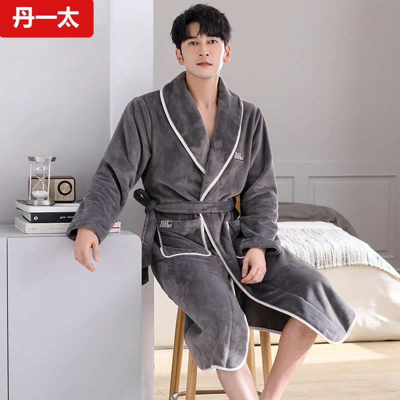 男法兰绒加绒加厚长袖镶边睡袍秋冬季保暖浴袍中长款纯色外穿睡衣