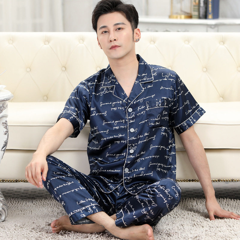 冰丝男春夏短袖长裤睡衣格子条纹印花纽扣开衫外穿家居服大码套装