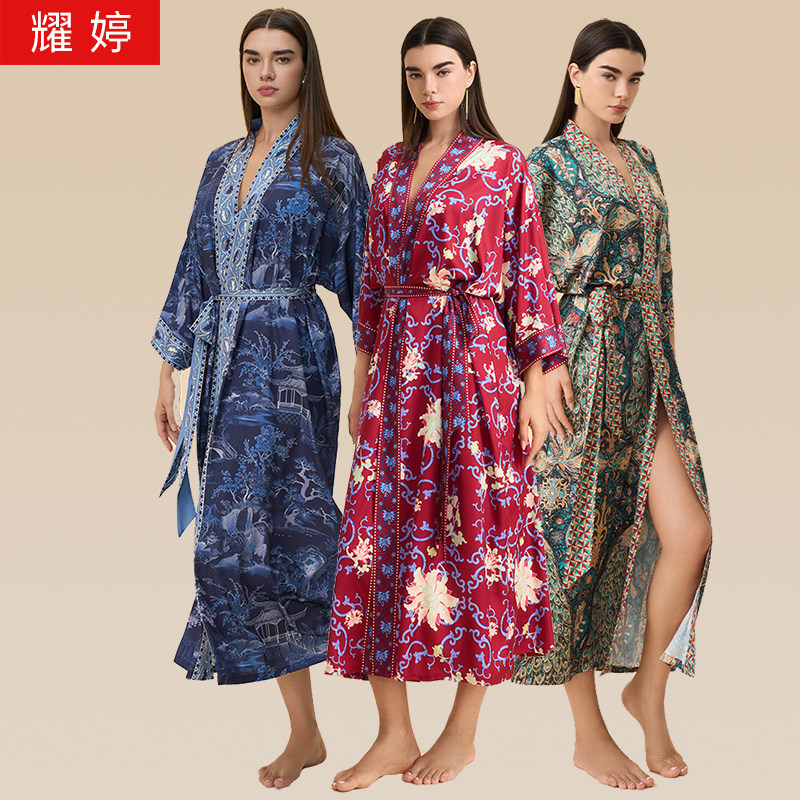 欧美跨境女超长款波西米亚风睡袍七分袖仿真丝冰丝花朵浴袍睡衣薄