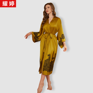 仿真丝山水花鸟浴袍睡衣 低奢缎面雪纺女高个子超长睡袍宫廷风长袖