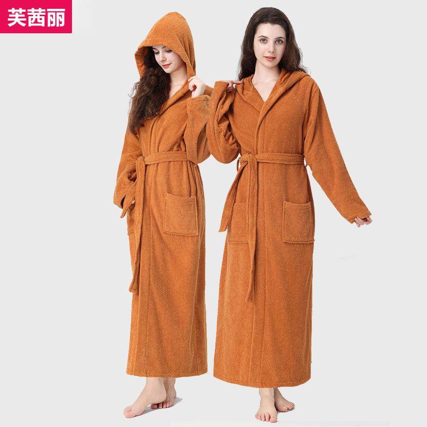加厚100%纯棉毛巾料睡袍超长到脚踝女秋冬季保暖吸水浴袍连帽睡衣