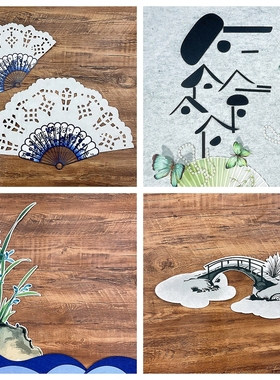 新中式国风折扇装饰扇子迷你小屋檐桥墩水仙花朵墙贴装饰环创材料