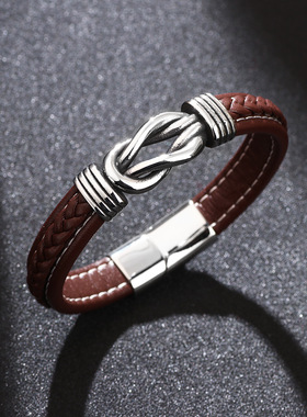欧美跨境皮手链地摊饰品钛钢配件复古个性朋克风男士手镯真皮手链