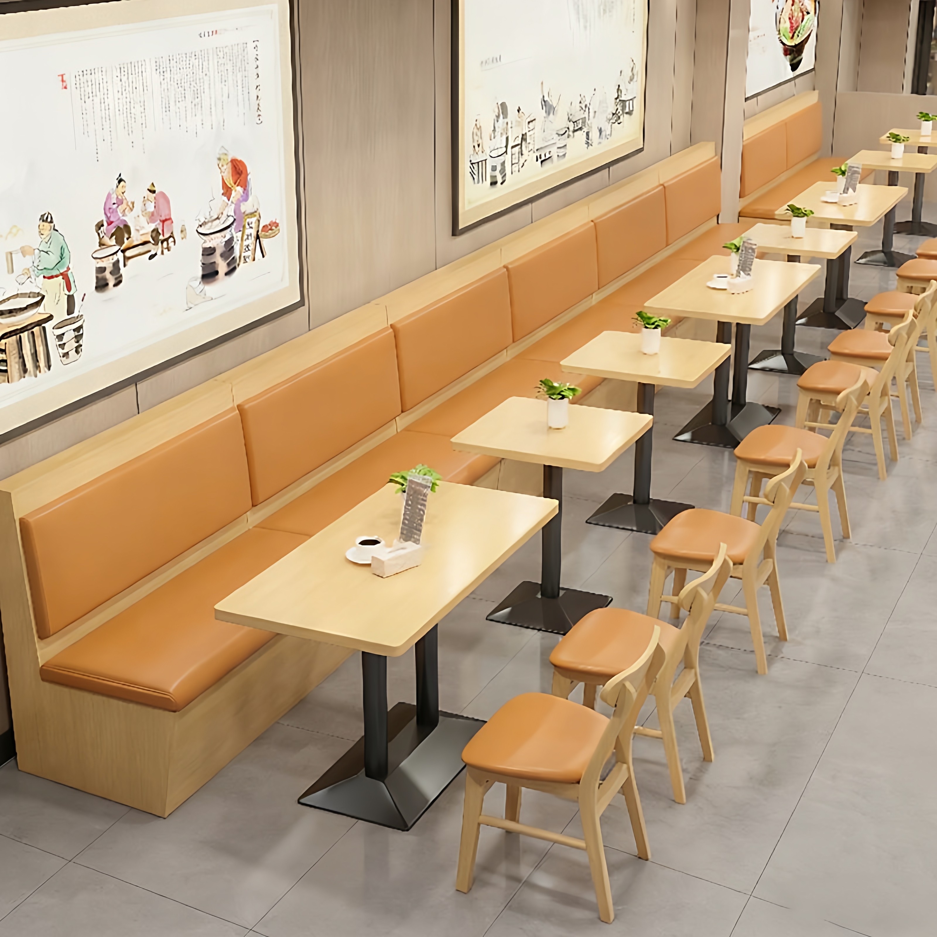 商用简约咖啡厅奶茶店板式卡座沙发韩式料理火锅店实木桌椅组合