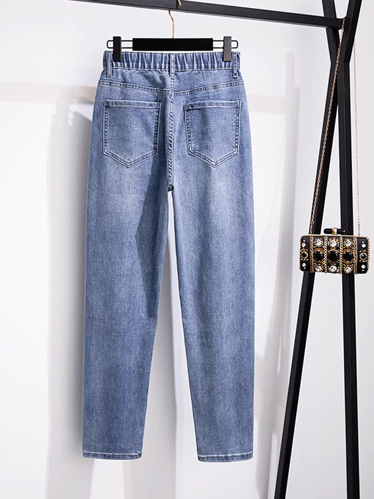 PLUS SIZE JEANS WOMENS 200 POUNDS FAT MM AUTUMN STYLE LOOSE AND THIN 300 HIGH WAIST THIN DADDY TROUSERS ELASTIC FLEECE