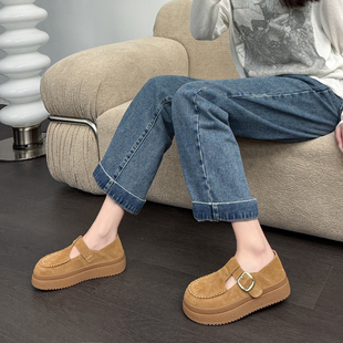 富丽女鞋2025春夏真皮勃肯鞋厚底休闲鞋舒适软底单鞋一脚蹬082-39