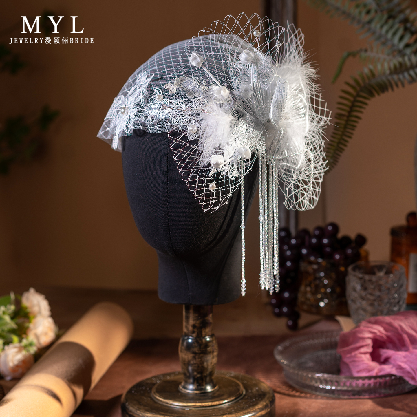 新娘法式重工刺绣蕾丝串珠流苏纱帽高级感甜美婚纱造型奢华帽链