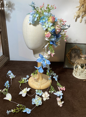 新款森系小清晰蓝色瀑布花流苏头饰新款超仙新娘盘发跟妆拖尾发饰