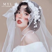 新娘手作韩式 头纱 户外婚礼复古国民风蕾丝花边铃兰花串珠流苏帽式