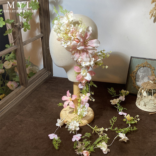 漫颖俪新款森系清新粉色花朵新娘结婚头饰外景旅拍跟妆影楼外景