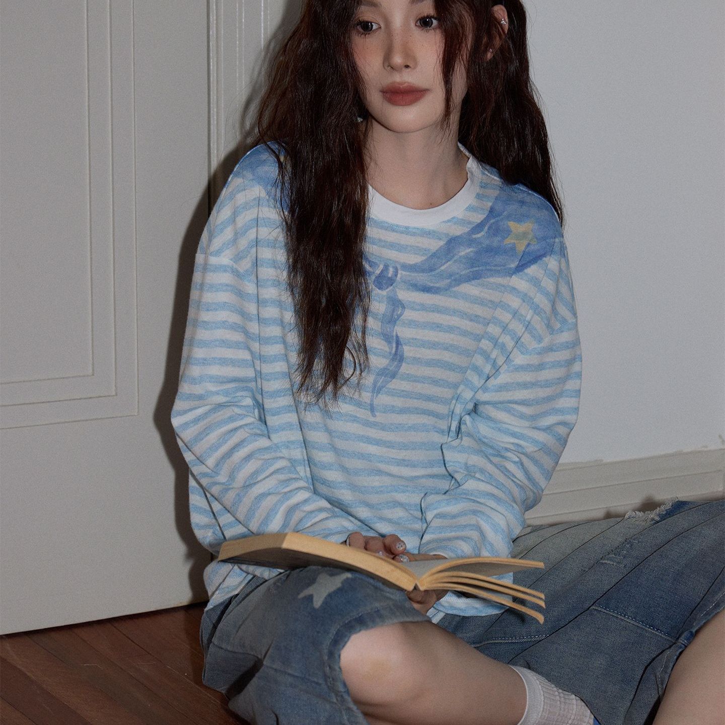 2025夏季条纹创意印花长袖T恤女新款圆领防晒宽松撞色罩衫上衣潮