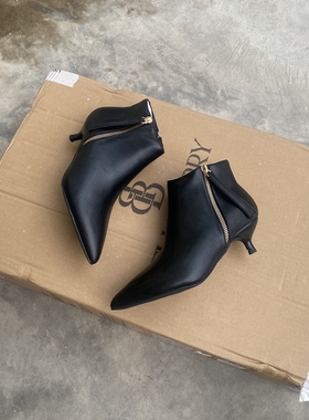 黑色靴子女4.5cm小跟鞋猫跟马丁靴尖头细跟短靴女真皮鞋春秋裸靴
