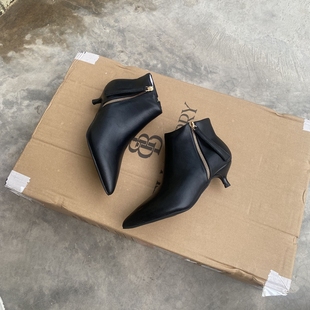 黑色靴子女4.5cm小跟鞋猫跟马丁靴尖头细跟短靴女真皮鞋春秋裸靴