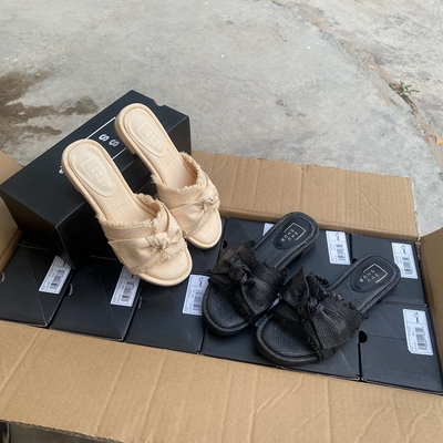 外贸原单爆款时尚露趾PP草凉拖鞋一字拖草编蝴蝶结气质凉拖鞋